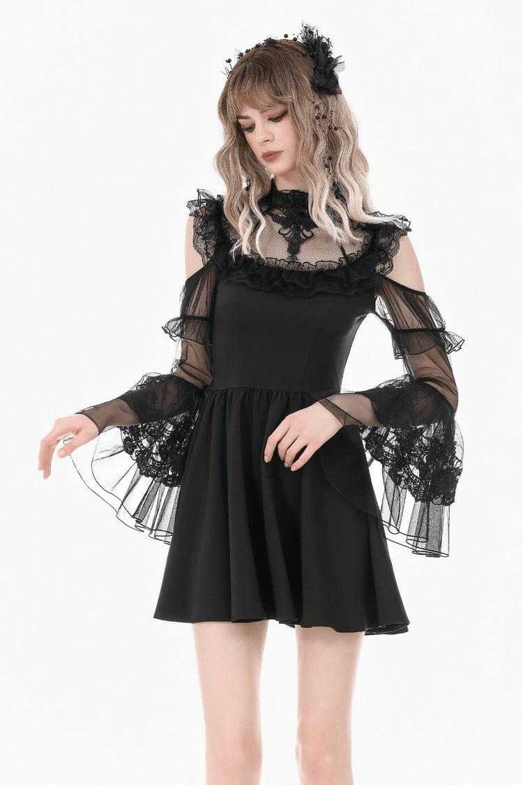 Women's Gothic Cold Shoulder Mini Dress with Lace Sleeves featuring sheer ruffle details and layered lace sleeves.