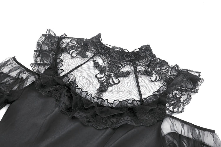 Women's Gothic Cold Shoulder Mini Dress with Lace Sleeves featuring sheer lace and ruffle details at the neckline.