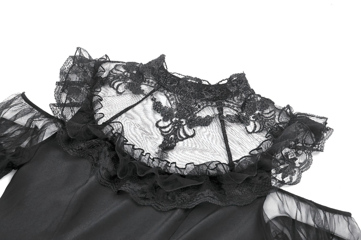 Women's Gothic Cold Shoulder Mini Dress with Lace Sleeves featuring sheer lace and ruffle details at the neckline.