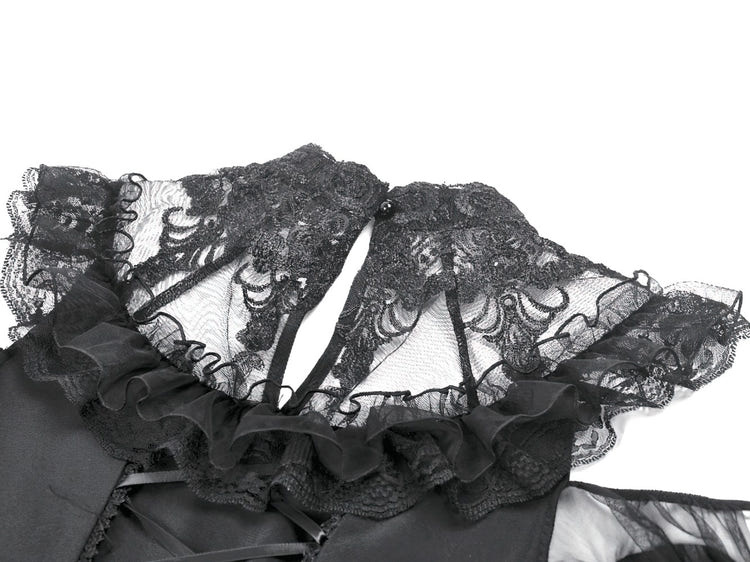 Women's Gothic Cold Shoulder Mini Dress with Lace Sleeves close-up of intricate lace and sheer ruffle details.