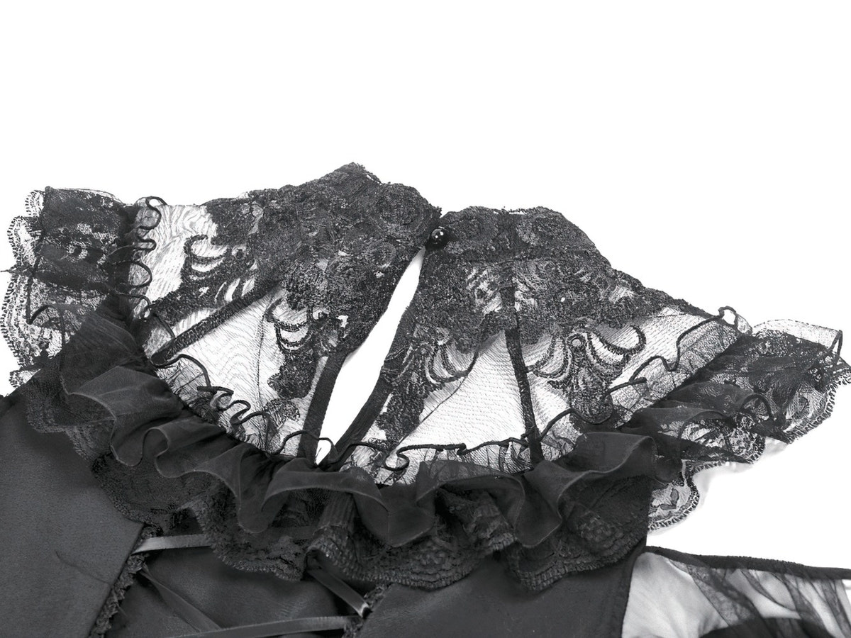 Women's Gothic Cold Shoulder Mini Dress with Lace Sleeves close-up of intricate lace and sheer ruffle details.