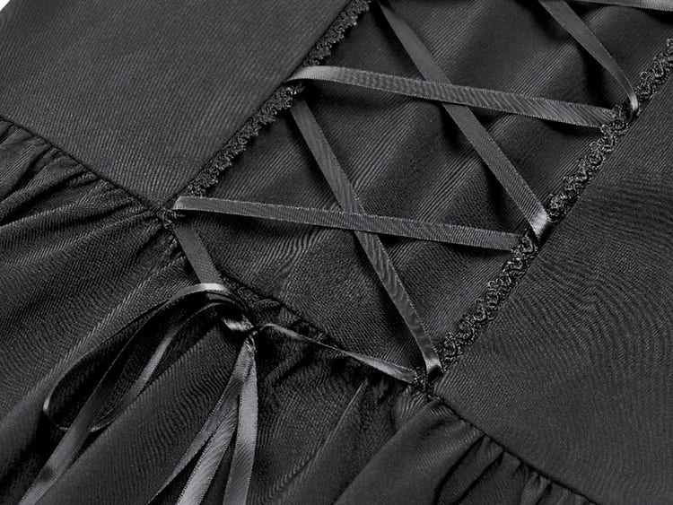 Close-up of the lace-up back detail on the Women's Gothic Cold Shoulder Mini Dress with Lace Sleeves.