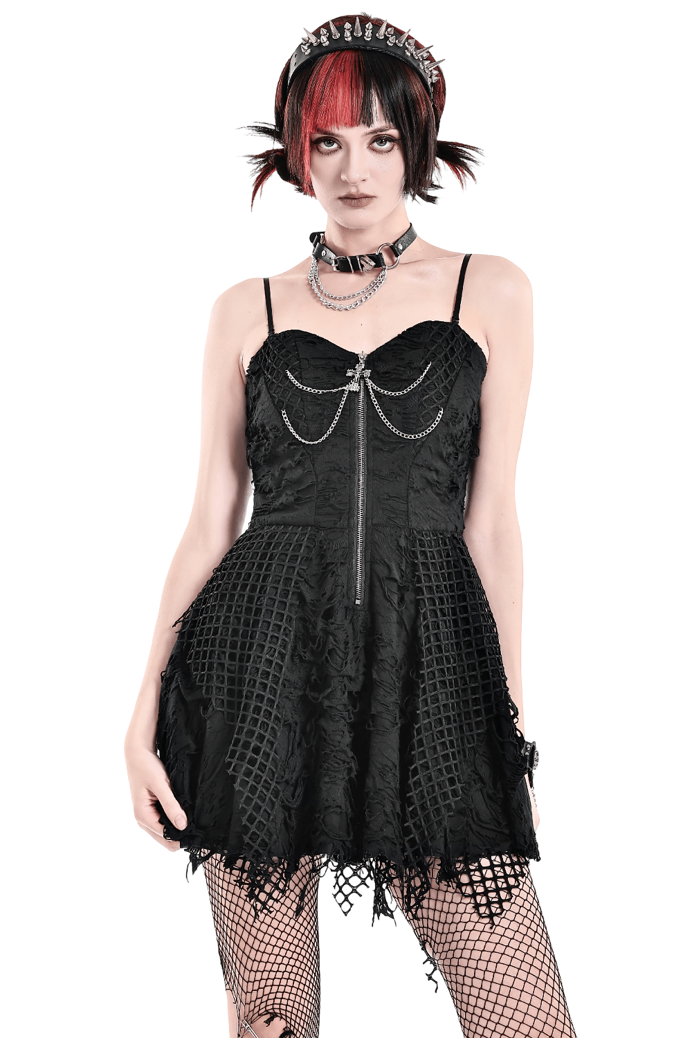 Women's Gothic Distressed Mesh Chain Mini Dress - image 1