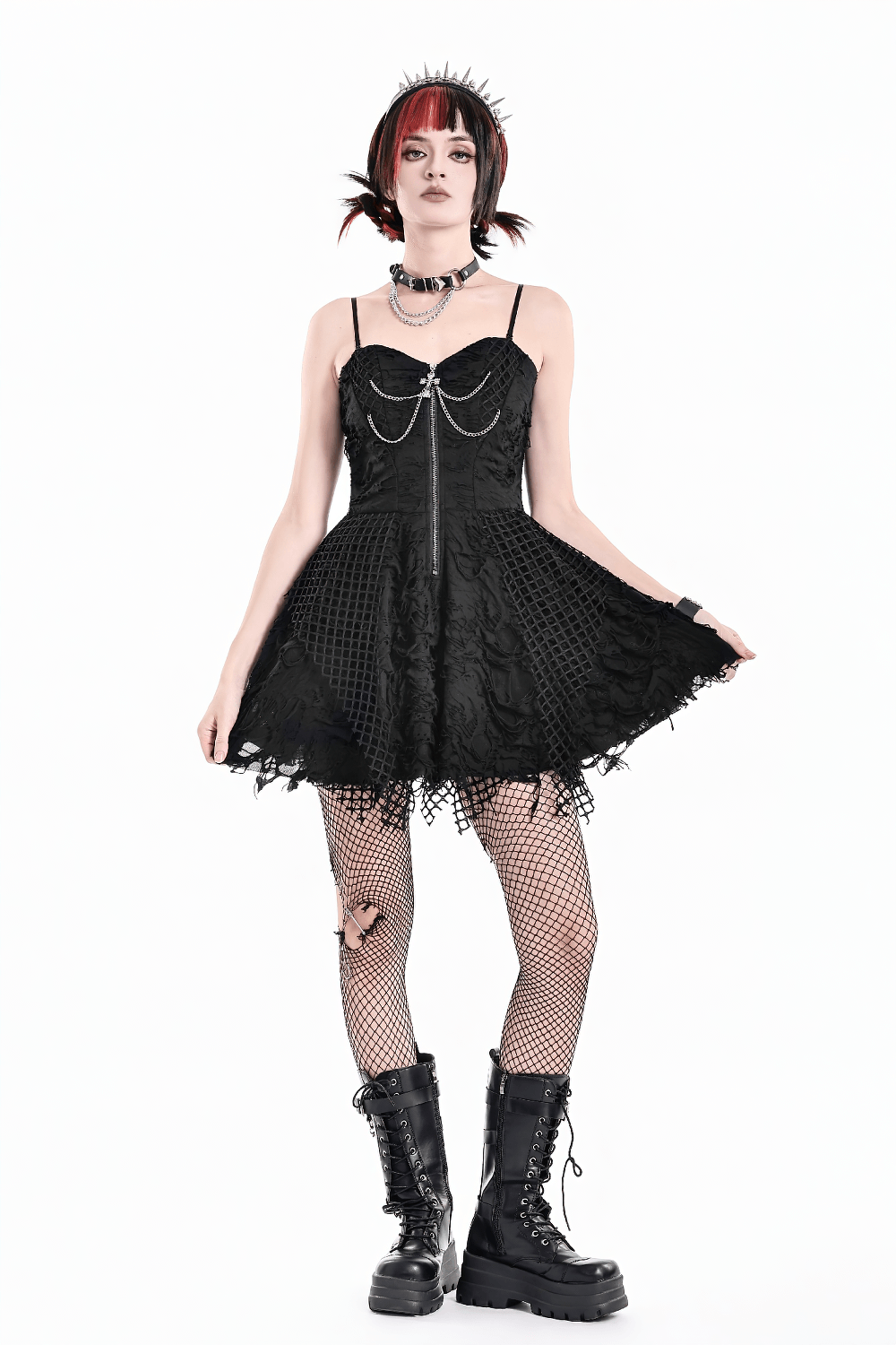Women's Gothic Distressed Mesh Chain Mini Dress - image 11