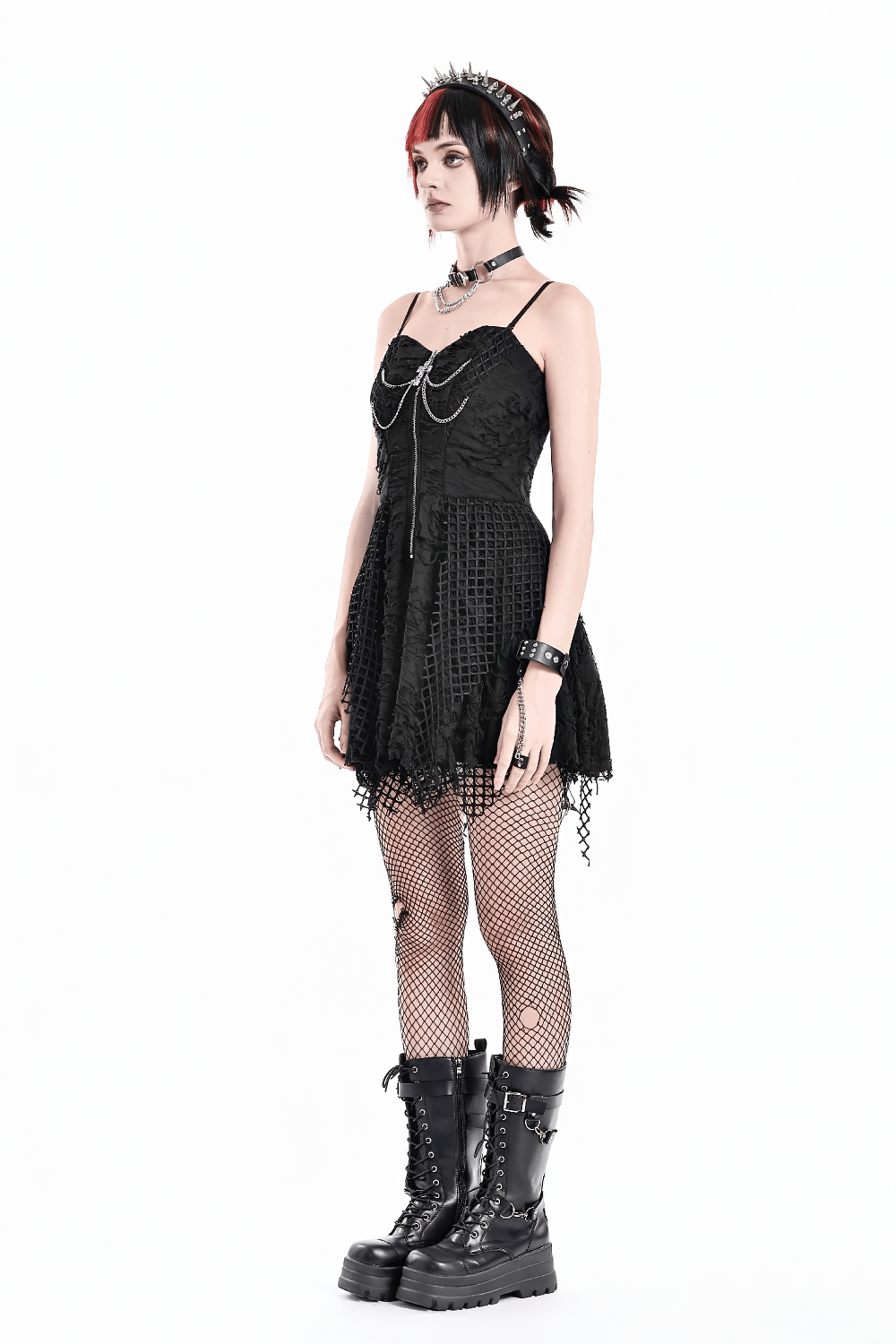 Women's Gothic Distressed Mesh Chain Mini Dress - image 10