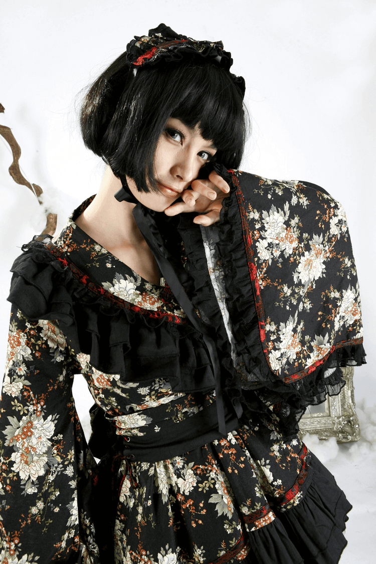 Women's Gothic Inspired Black Floral Lolita Dress - image 16