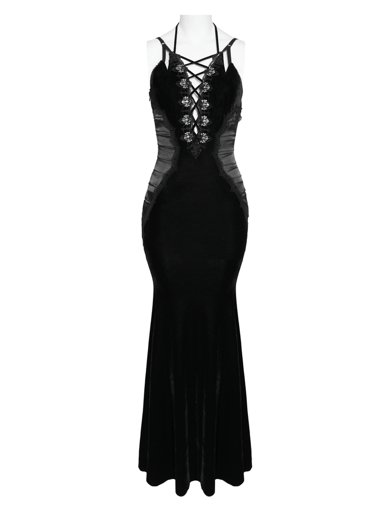 Women's Gothic Lace Up Mesh Mermaid Maxi Dress - image 4