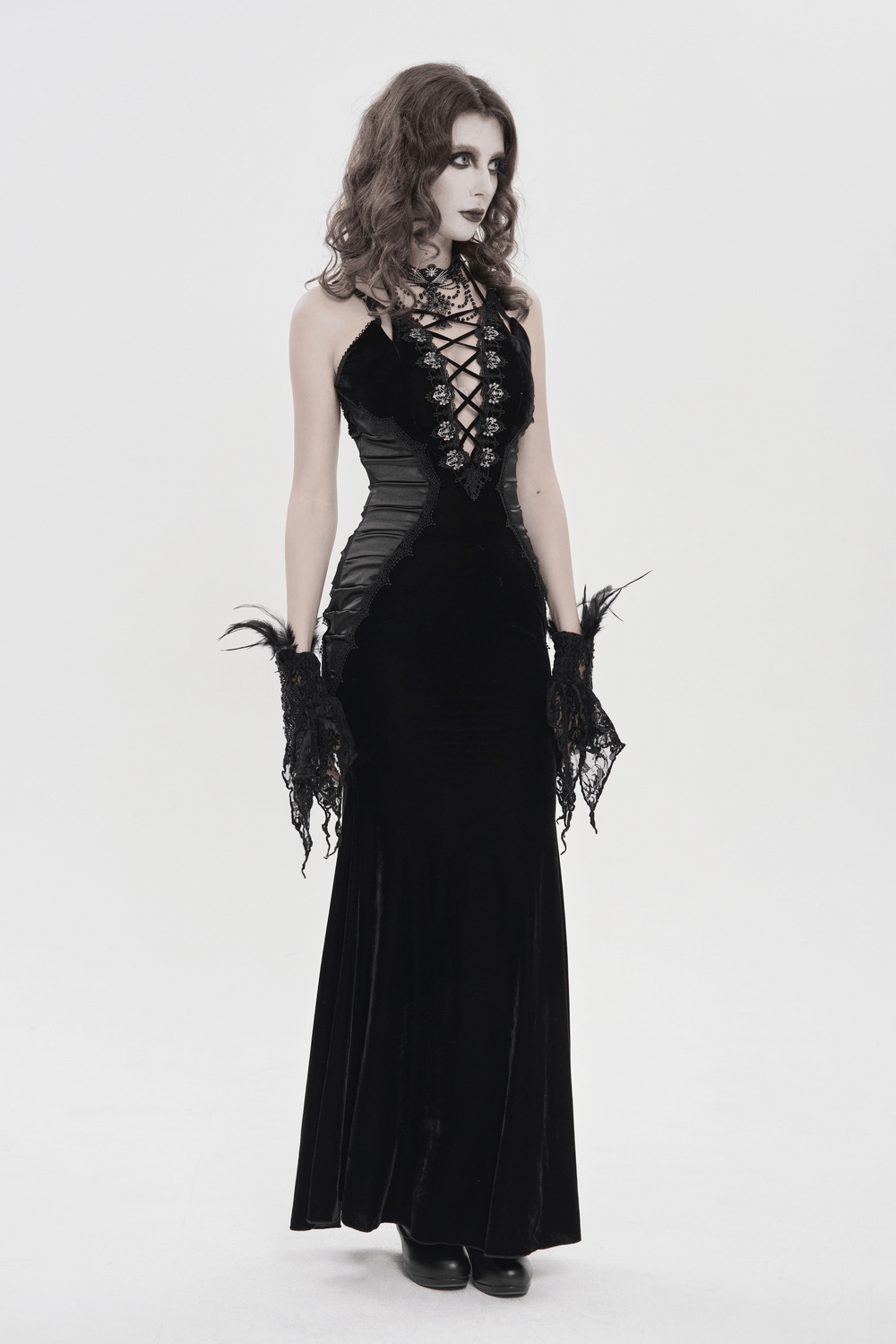 Women's Gothic Lace Up Mesh Mermaid Maxi Dress - image 14