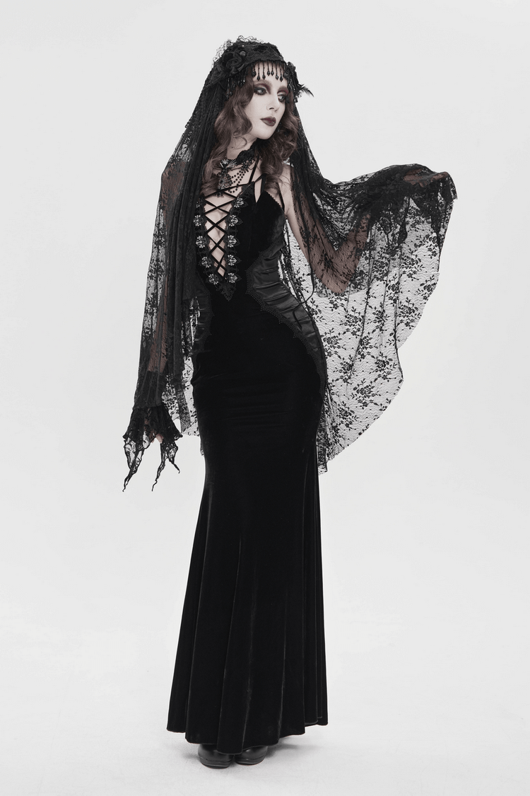 Women's Gothic Lace Up Mesh Mermaid Maxi Dress - image 15