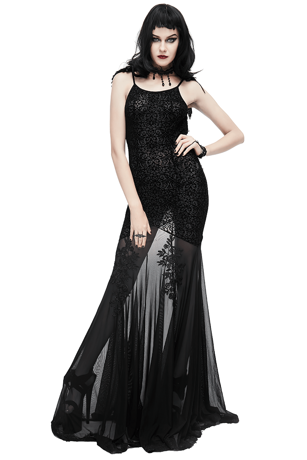 Women's Gothic Long Dress with transparent Bottom / Black Sexy Backless Dresses with Embroidery - image 1