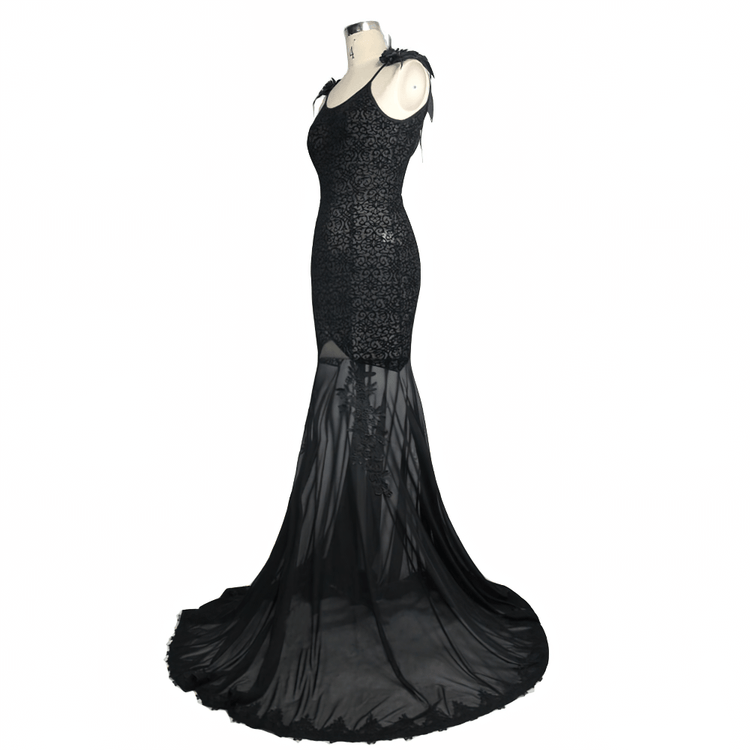 Women's Gothic Long Dress with transparent Bottom / Black Sexy Backless Dresses with Embroidery - image 5