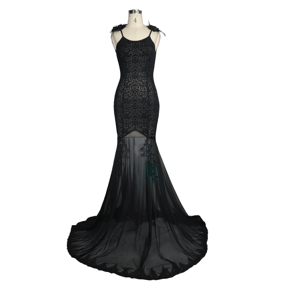 Women's Gothic Long Dress with transparent Bottom / Black Sexy Backless Dresses with Embroidery - image 3
