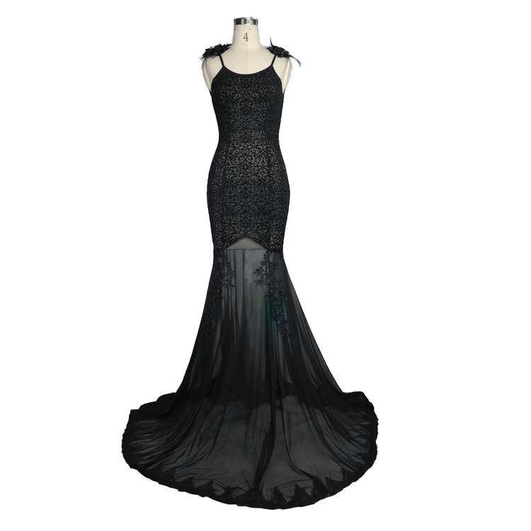 Women's Gothic Long Dress with transparent Bottom / Black Sexy Backless Dresses with Embroidery - image 3