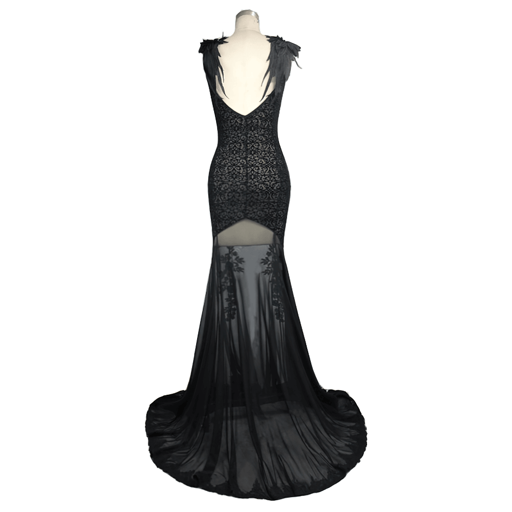 Women's Gothic Long Dress with transparent Bottom / Black Sexy Backless Dresses with Embroidery - image 4