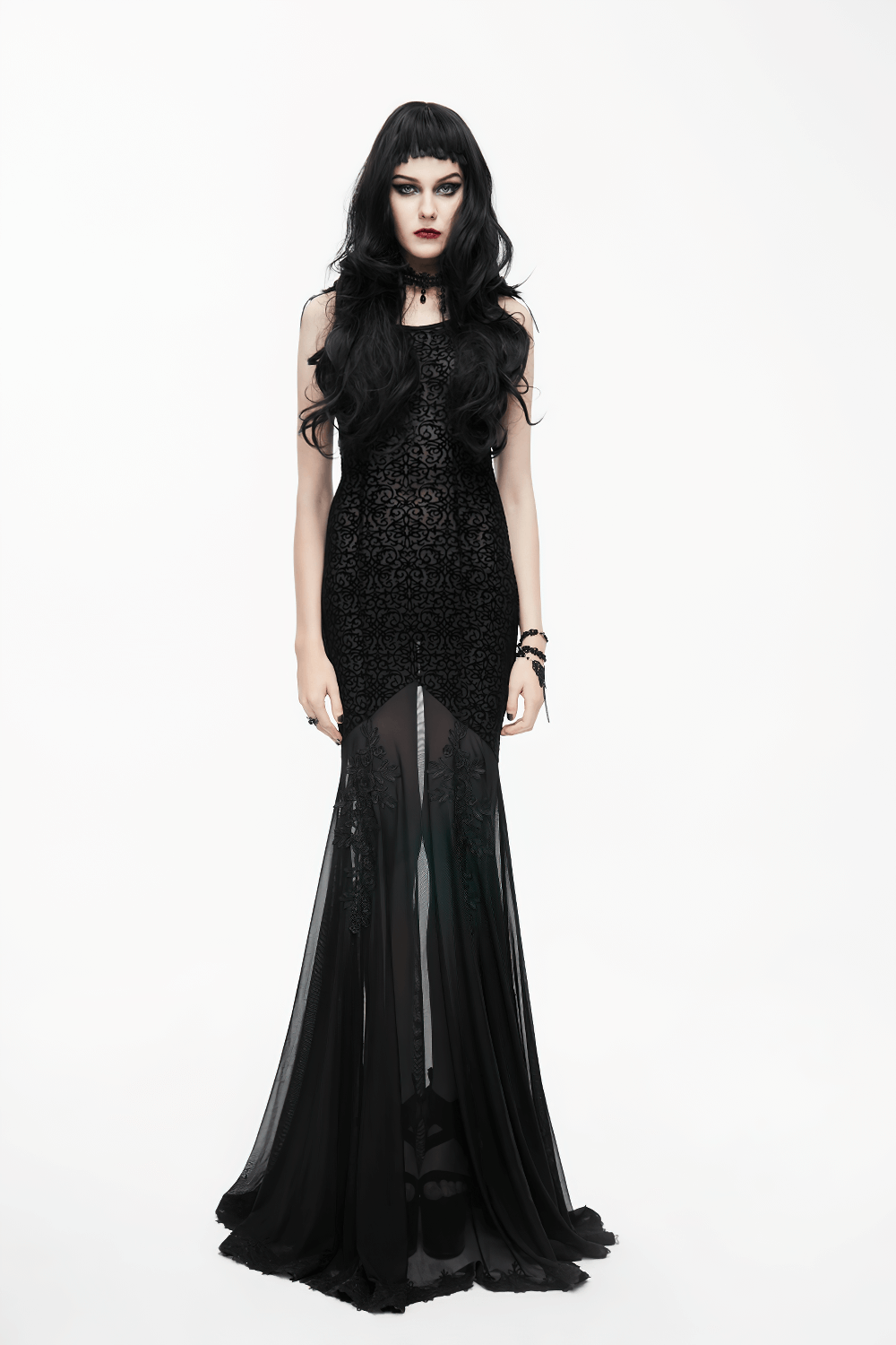 Women's Gothic Long Dress with transparent Bottom / Black Sexy Backless Dresses with Embroidery - image 15