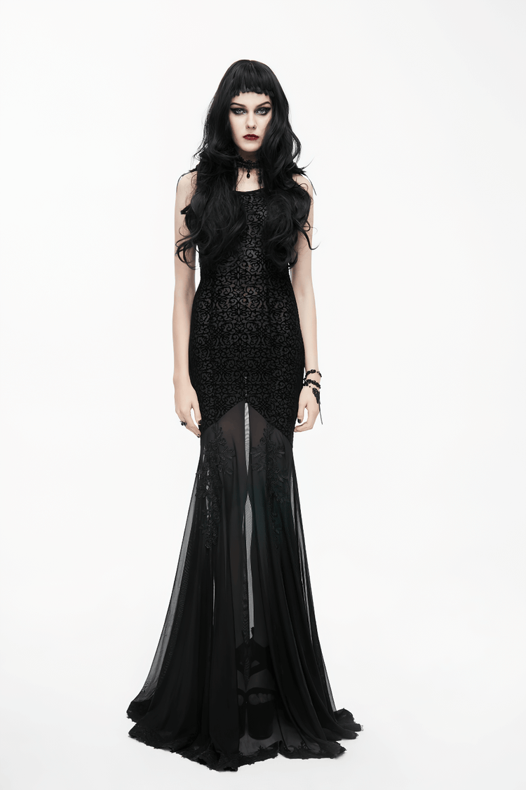 Women's Gothic Long Dress with transparent Bottom / Black Sexy Backless Dresses with Embroidery - image 15