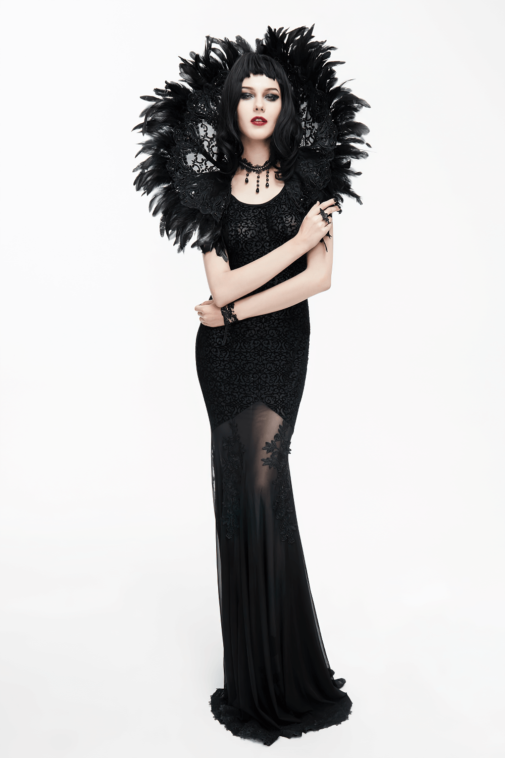 Women's Gothic Long Dress with transparent Bottom / Black Sexy Backless Dresses with Embroidery - image 18