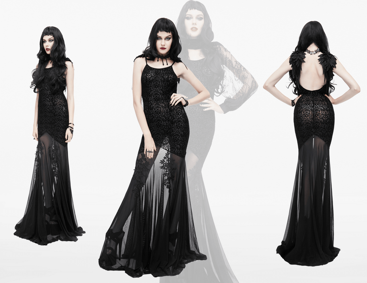 Women's Gothic Long Dress with transparent Bottom / Black Sexy Backless Dresses with Embroidery - image 20