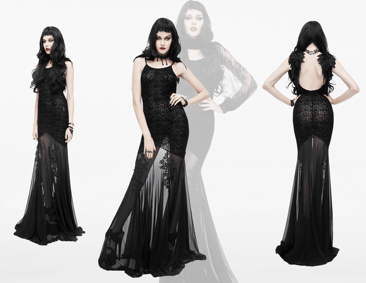Women's Gothic Long Dress with transparent Bottom / Black Sexy Backless Dresses with Embroidery - image 20