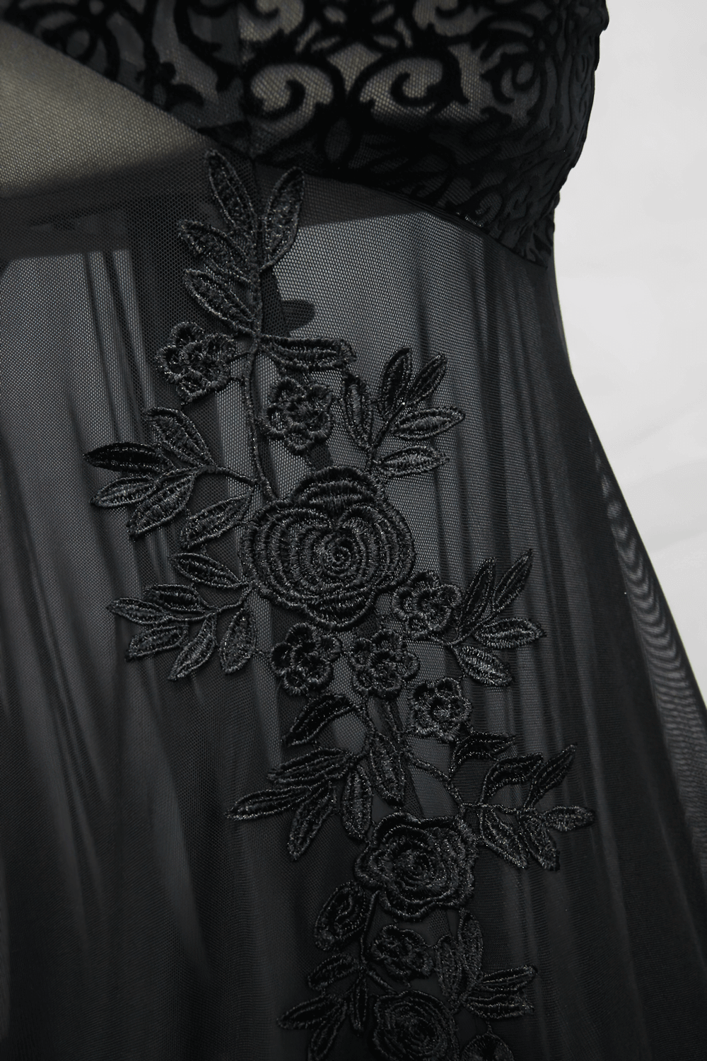 Women's Gothic Long Dress with transparent Bottom / Black Sexy Backless Dresses with Embroidery - image 11