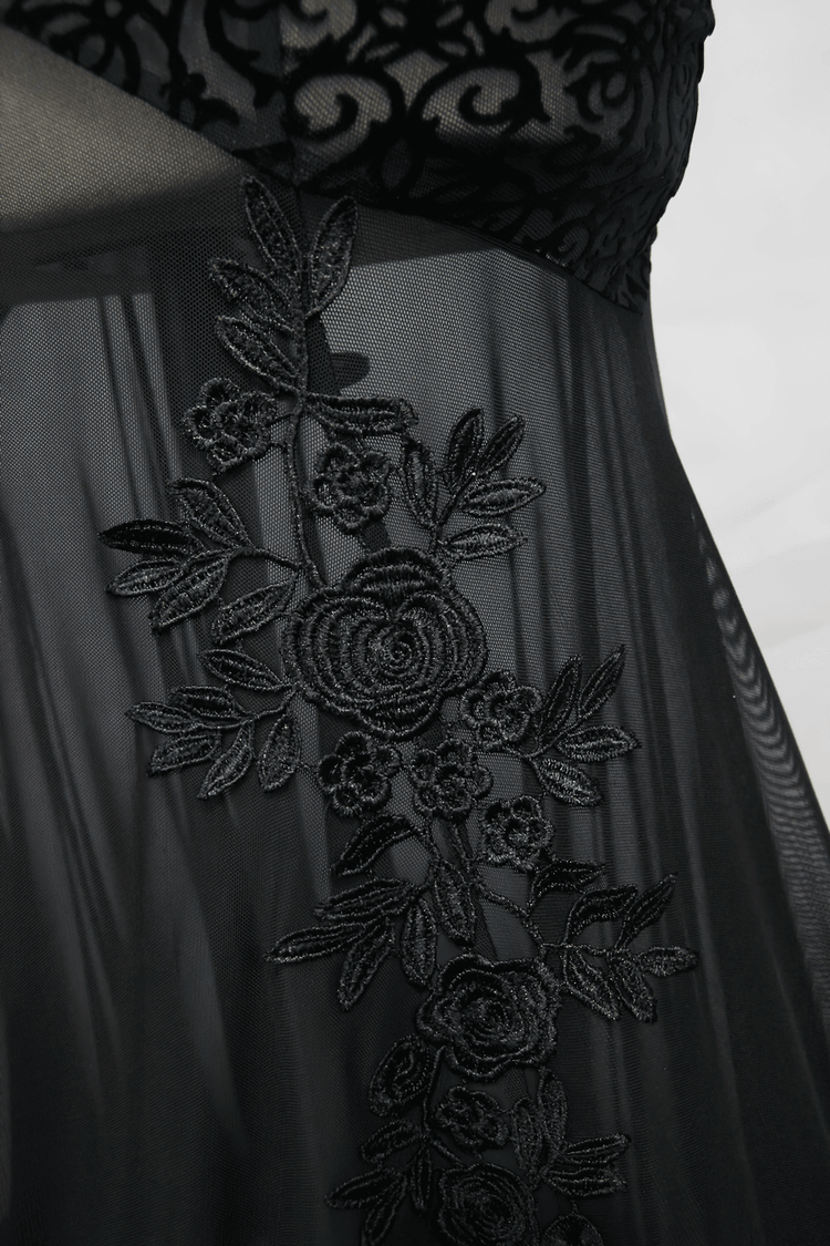Women's Gothic Long Dress with transparent Bottom / Black Sexy Backless Dresses with Embroidery - image 11