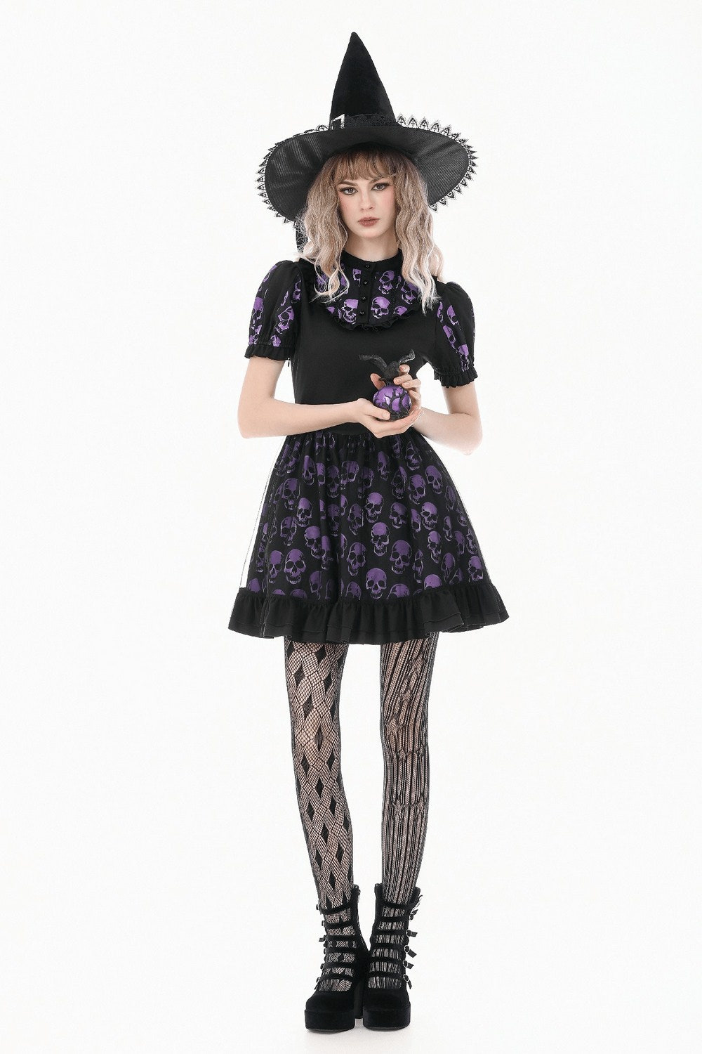 女性のゴシックスカルプリントミニドレスとパフスリーブ 商品画像