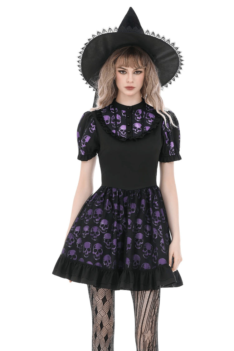 女性のゴシックスカルプリントミニドレスとパフスリーブ 商品画像