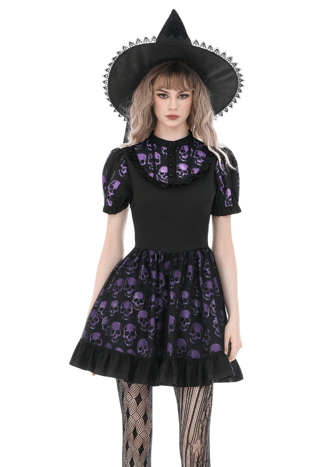 女性のゴシックスカルプリントミニドレスとパフスリーブ 商品画像