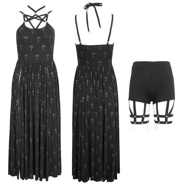 Women's Gothic Strappy Split Long Dress with Shorts - image 3