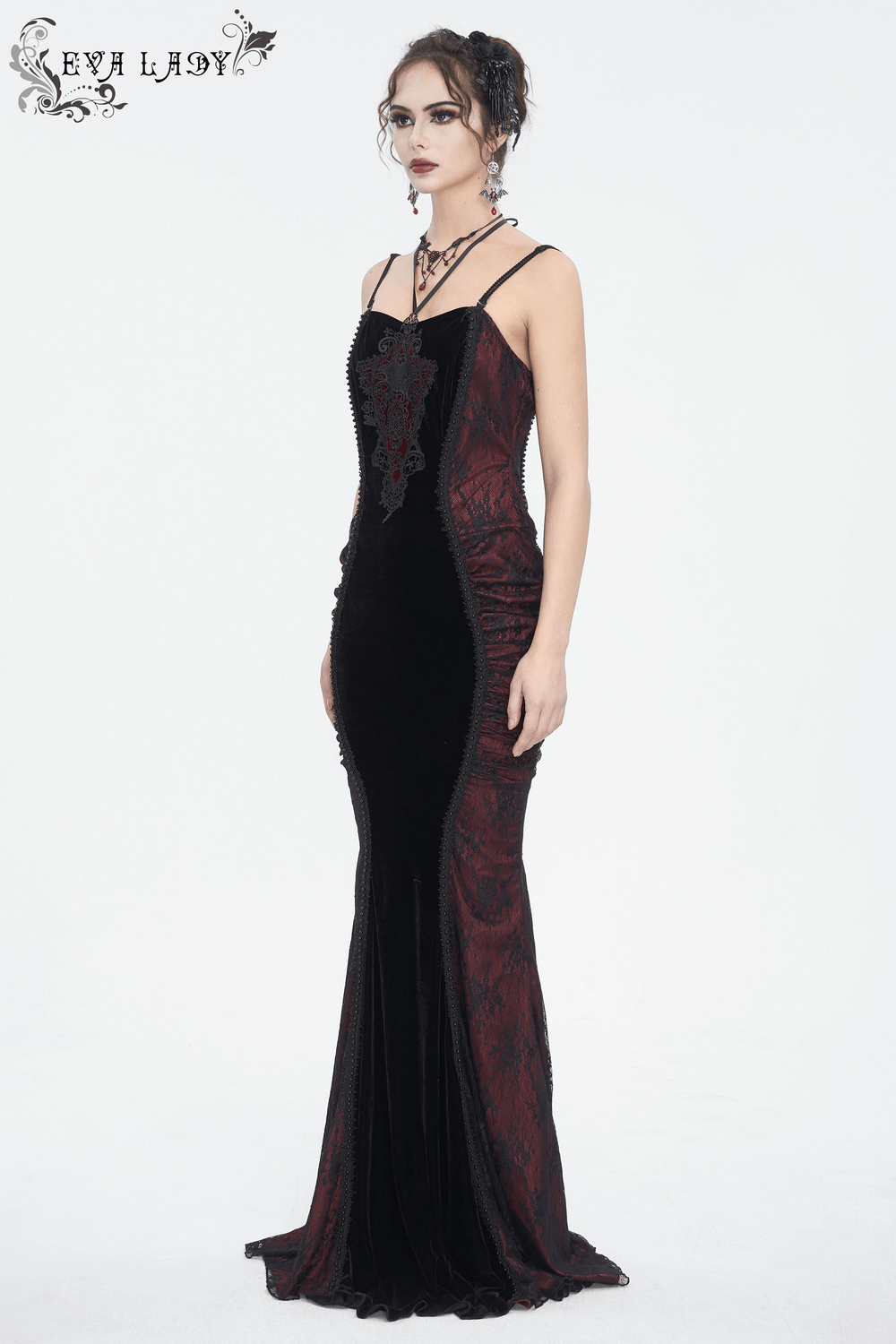 Women's Gothic Velvet Long Dress with Lace Appliques - image 11