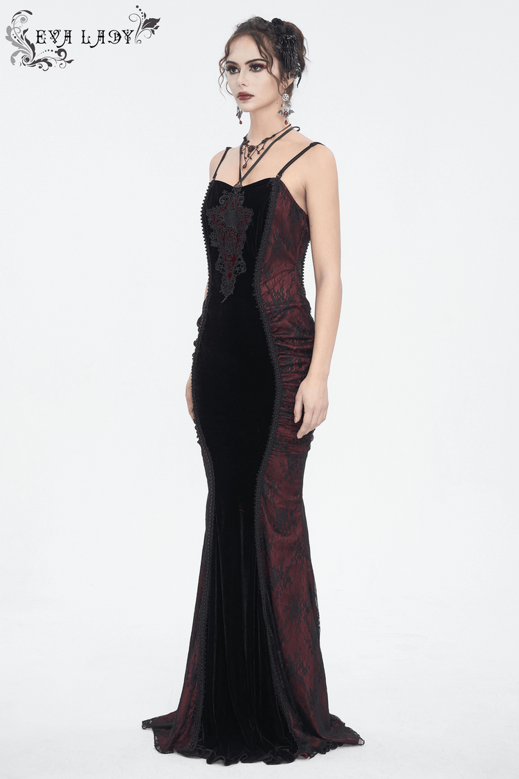 Women's Gothic Velvet Long Dress with Lace Appliques - image 11