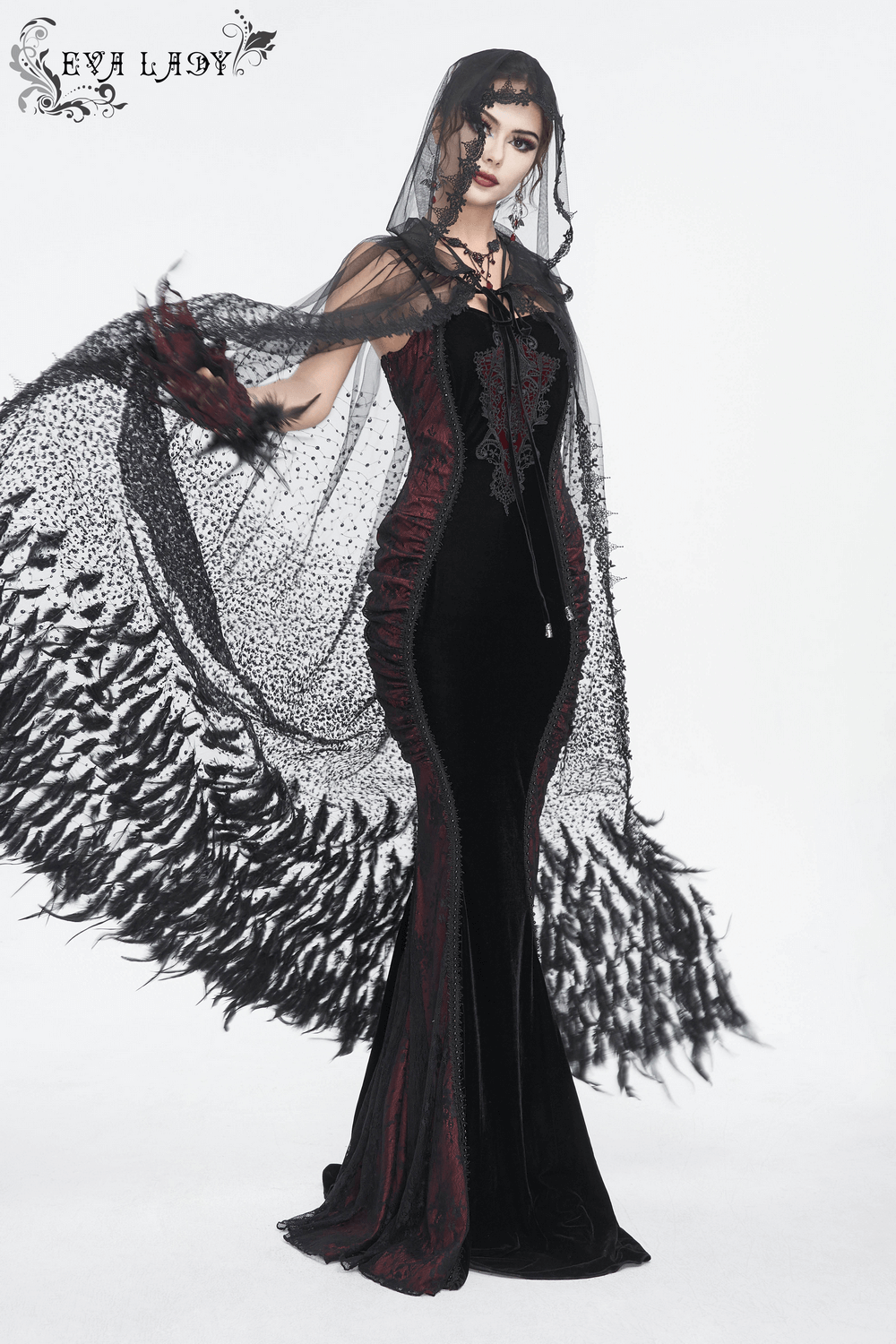 Women's Gothic Velvet Long Dress with Lace Appliques - image 15