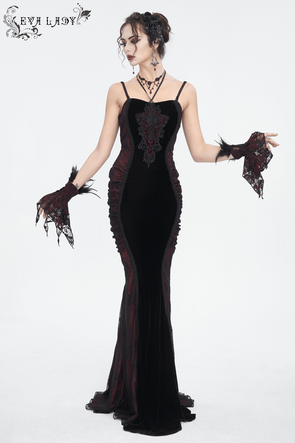 Women's Gothic Velvet Long Dress with Lace Appliques - image 12