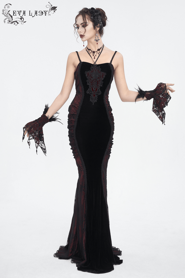 Women's Gothic Velvet Long Dress with Lace Appliques - image 12