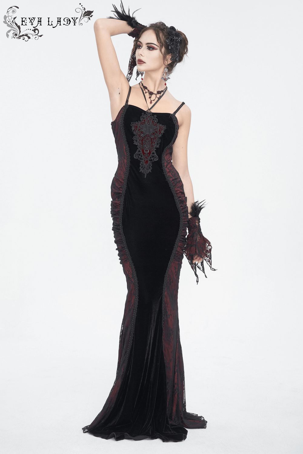 Women's Gothic Velvet Long Dress with Lace Appliques - image 13