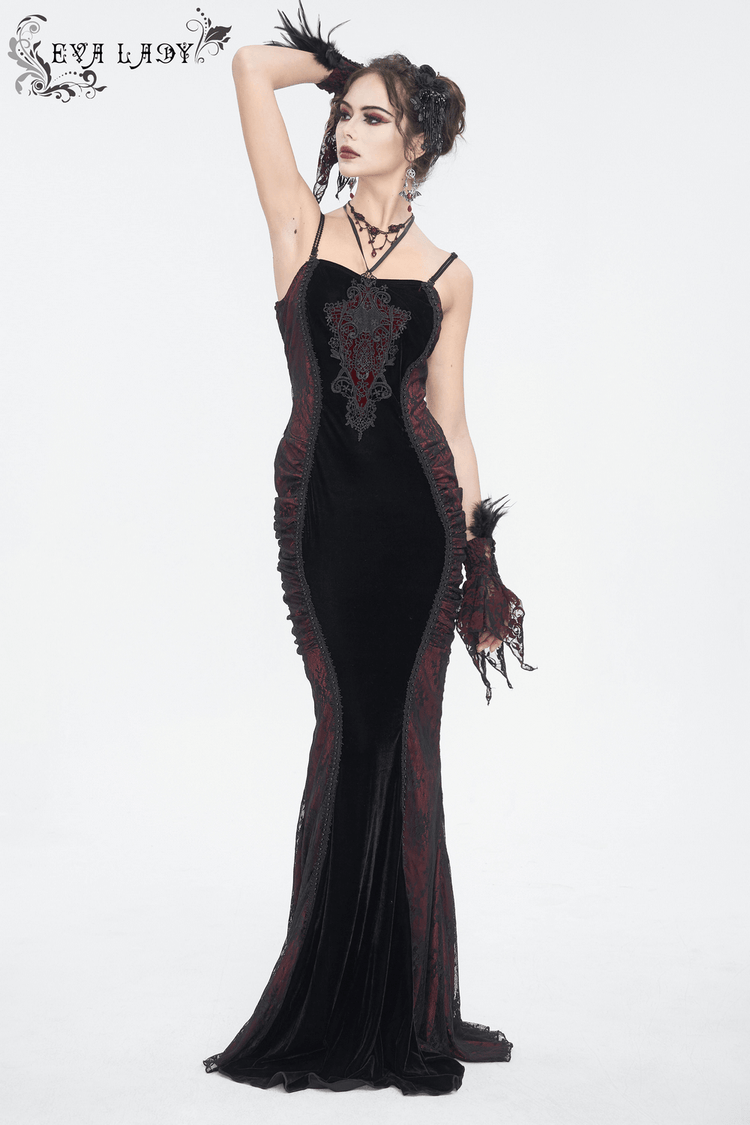 Women's Gothic Velvet Long Dress with Lace Appliques - image 13