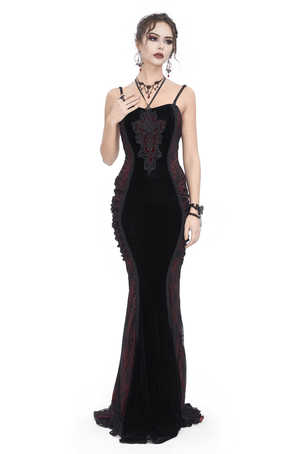 Women's Gothic Velvet Long Dress with Lace Appliques - image 1