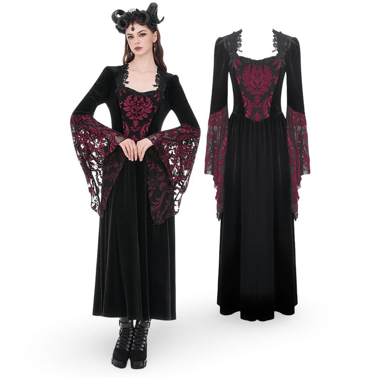 Women's Gothic Velvet Maxi Dress with Lace Bell Sleeves featuring black velvet and burgundy brocade details.