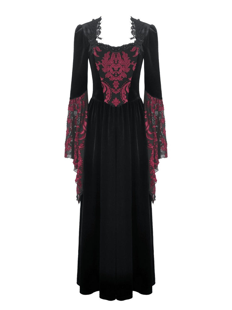 Women's Gothic Velvet Maxi Dress with Lace Bell Sleeves featuring black velvet and burgundy brocade panels.