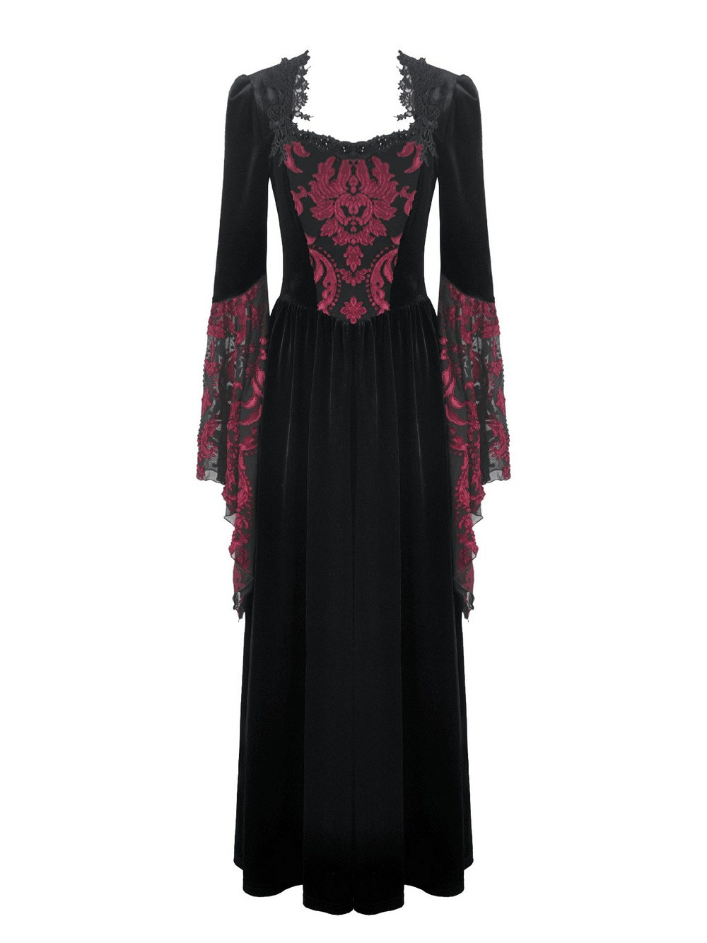 Women's Gothic Velvet Maxi Dress with Lace Bell Sleeves featuring black velvet and burgundy brocade panels.