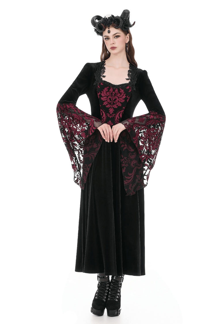 Women's Gothic Velvet Maxi Dress with Lace Bell Sleeves showcased with a black velvet bodice and burgundy brocade details.