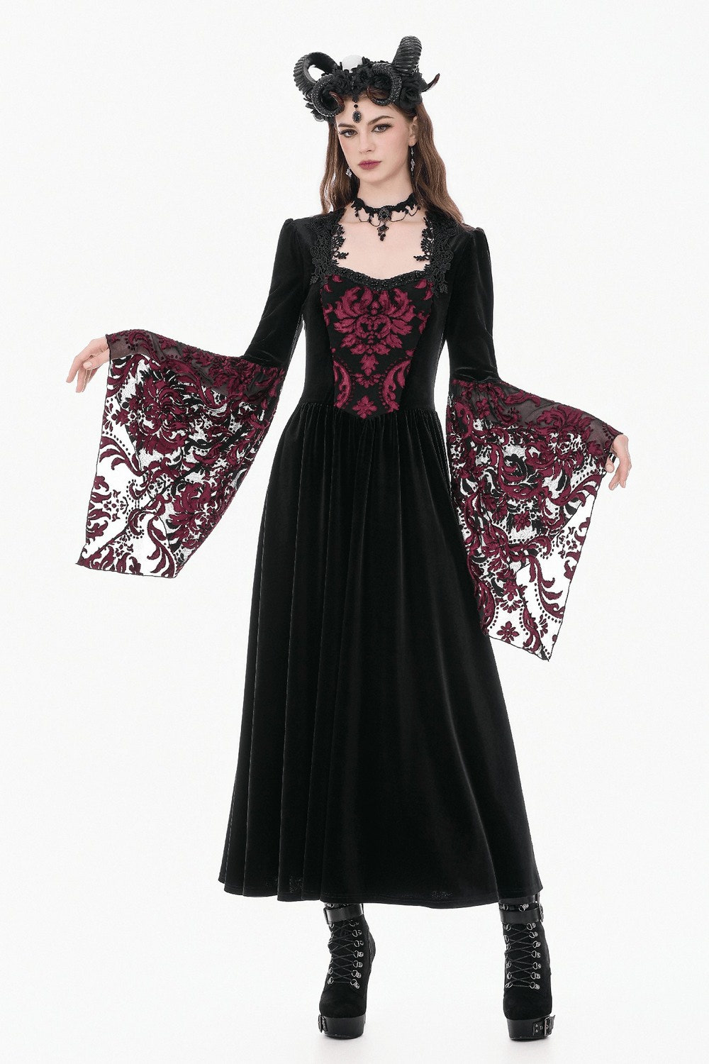 Women's Gothic Velvet Maxi Dress with Lace Bell Sleeves featuring burgundy brocade and dramatic lace details.