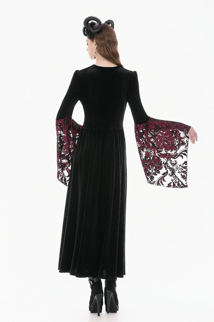 Back view of Women's Gothic Velvet Maxi Dress with Lace Bell Sleeves showcasing lace details and a flowing skirt.