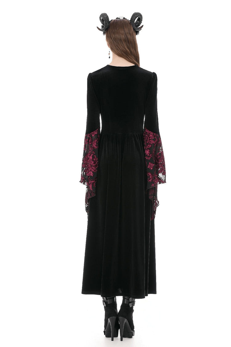 Back view of Women's Gothic Velvet Maxi Dress with Lace Bell Sleeves featuring gothic lace and burgundy details.