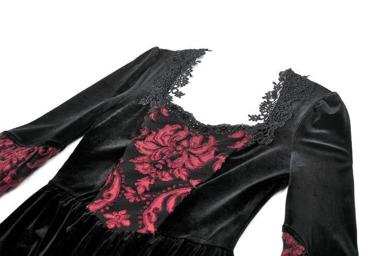 Women's Gothic Velvet Maxi Dress with Lace Bell Sleeves featuring intricate burgundy brocade panels and lace details.