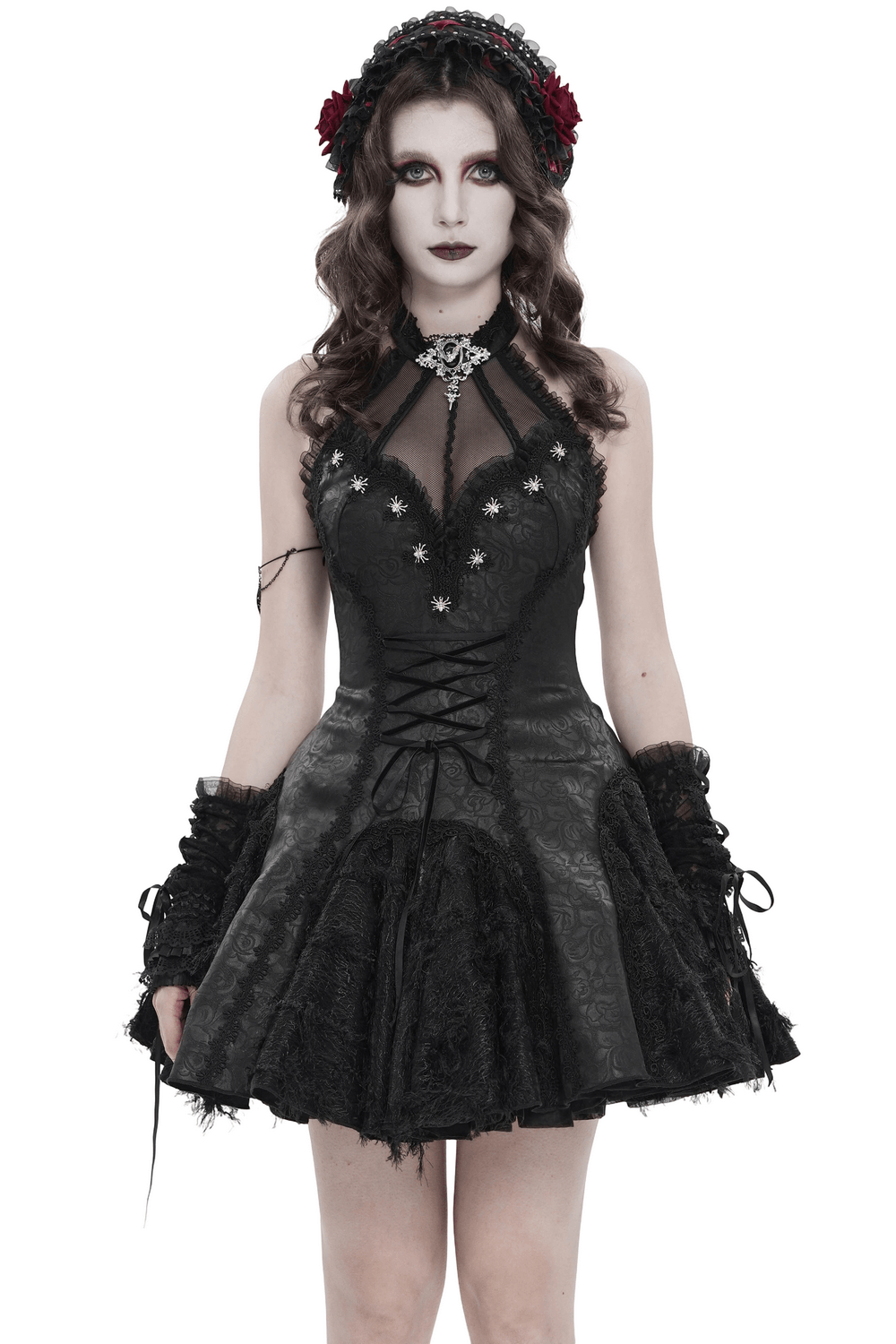 Women's Halter Corset Mini Dress with Lace Trim Detail - image 1
