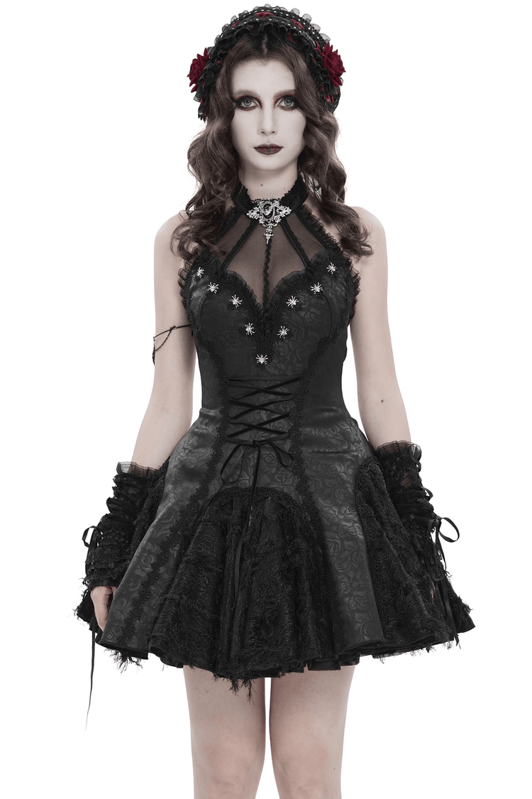 Women's Halter Corset Mini Dress with Lace Trim Detail - image 1