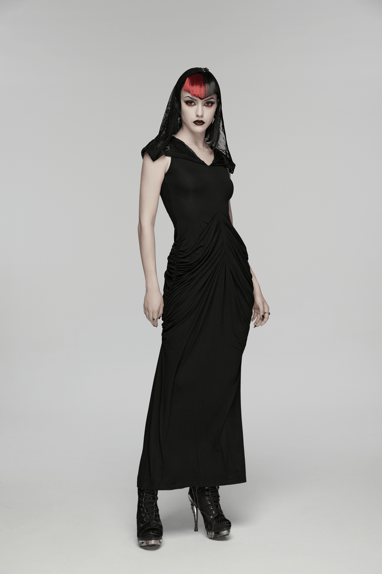 Women's Hooded Gothic Ruched Lace Evening Dress - image 13