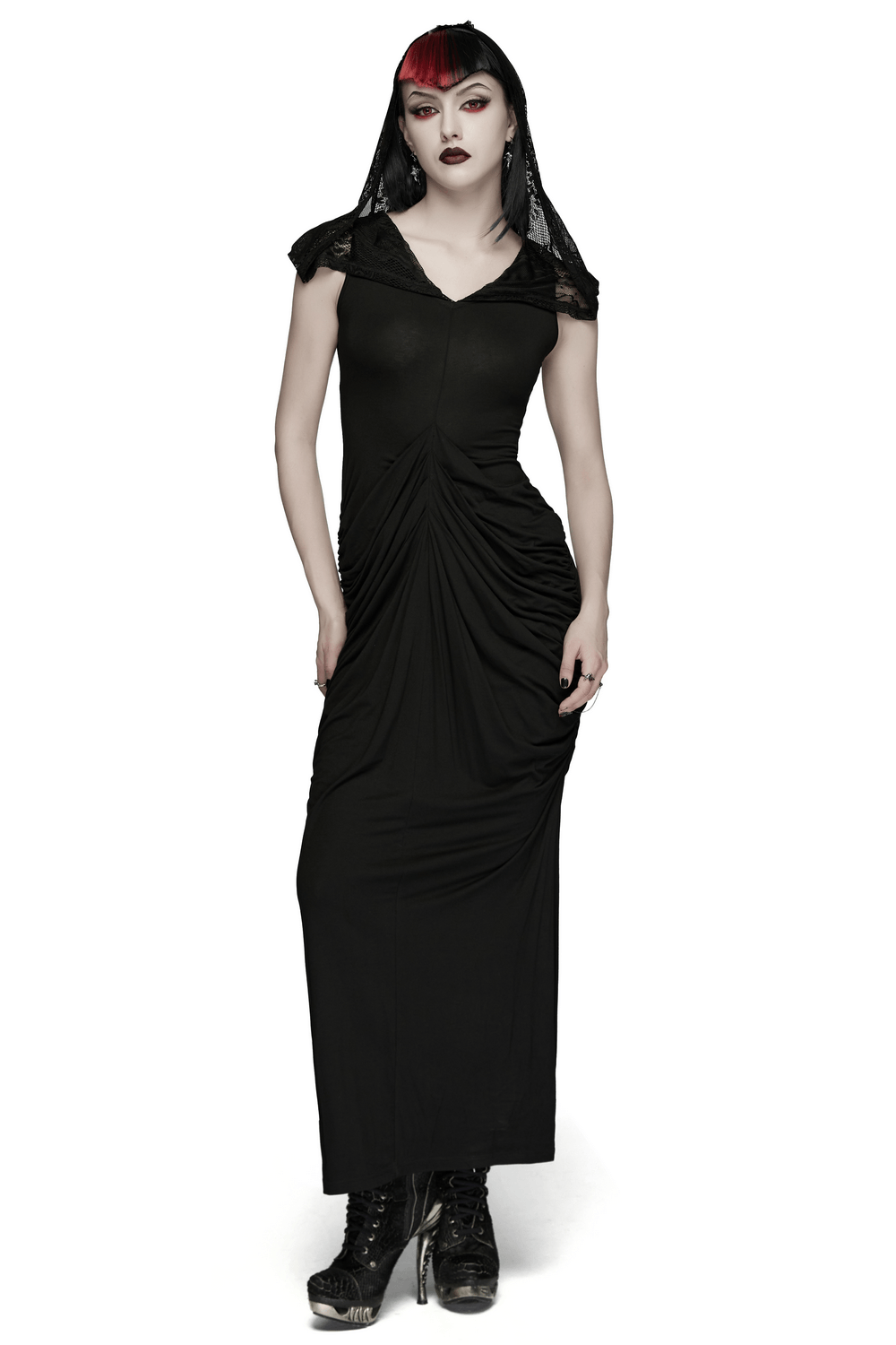 Women's Hooded Gothic Ruched Lace Evening Dress - image 1