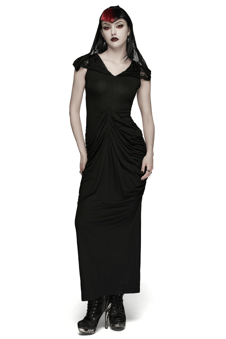 Women's Hooded Gothic Ruched Lace Evening Dress - image 1